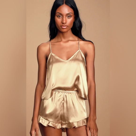 Lulus Other - Lulus Sweetest Dreams Gold Satin Ruffled Two-Piece Pajama Set